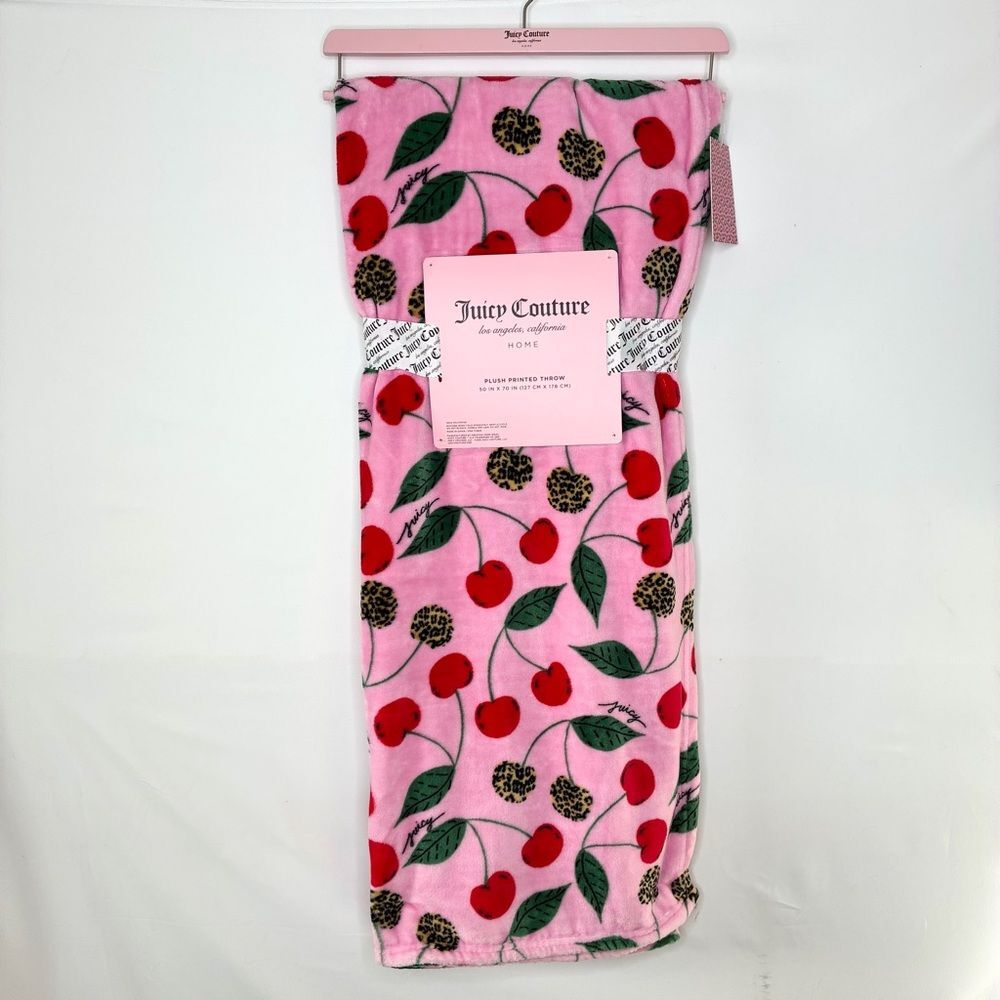 NWT Juicy Couture Pink Red Cherry Leopard Plush Throw Blanket 50”x70” Soft